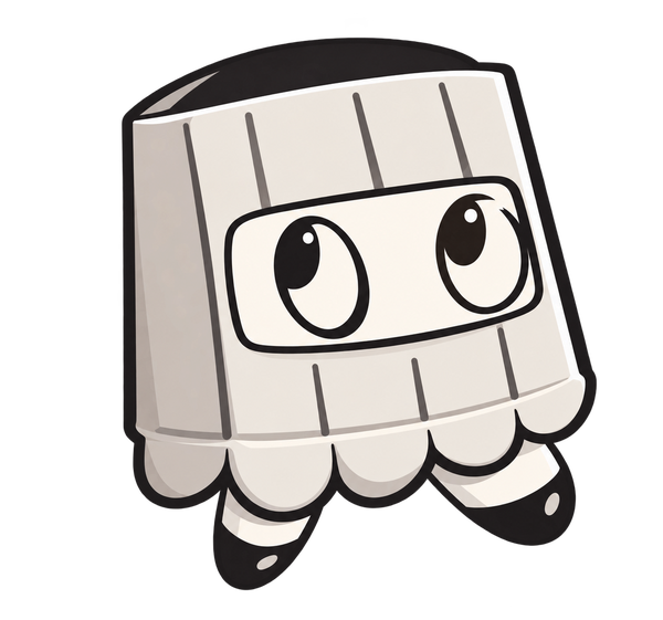 Bucket, a cream bucket-shaped mascot with a charcoal lid, big eyes glancing upward, and small feet